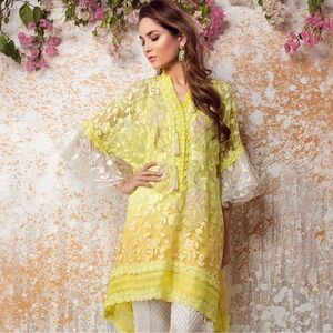 Farah Talib Aziz Yellow Embroidered Organza Shirt and Slip with floral beadwork